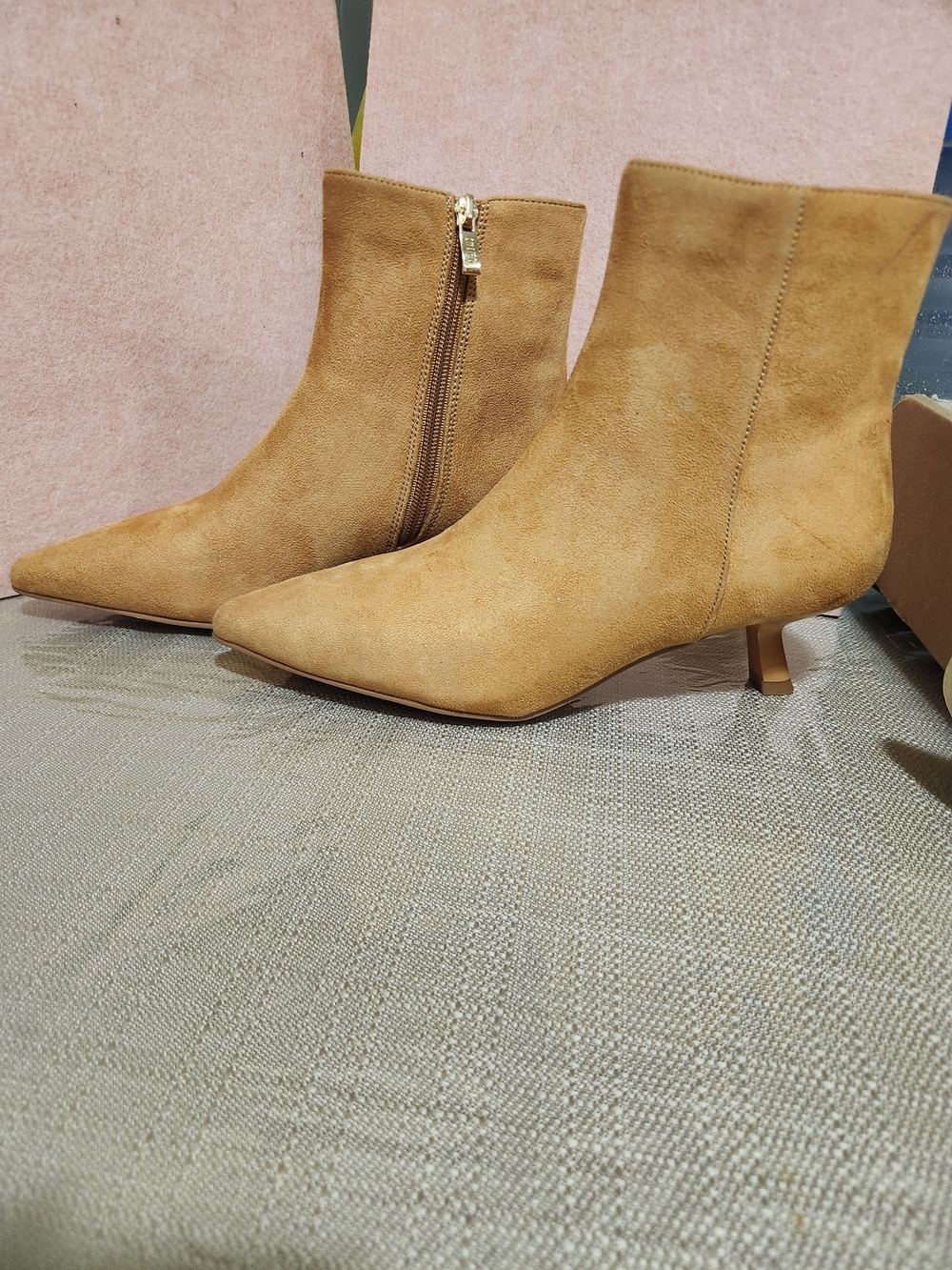 Dolce Vita Tan Suede Pointed-Toe Kitten Heel Ankle Boots